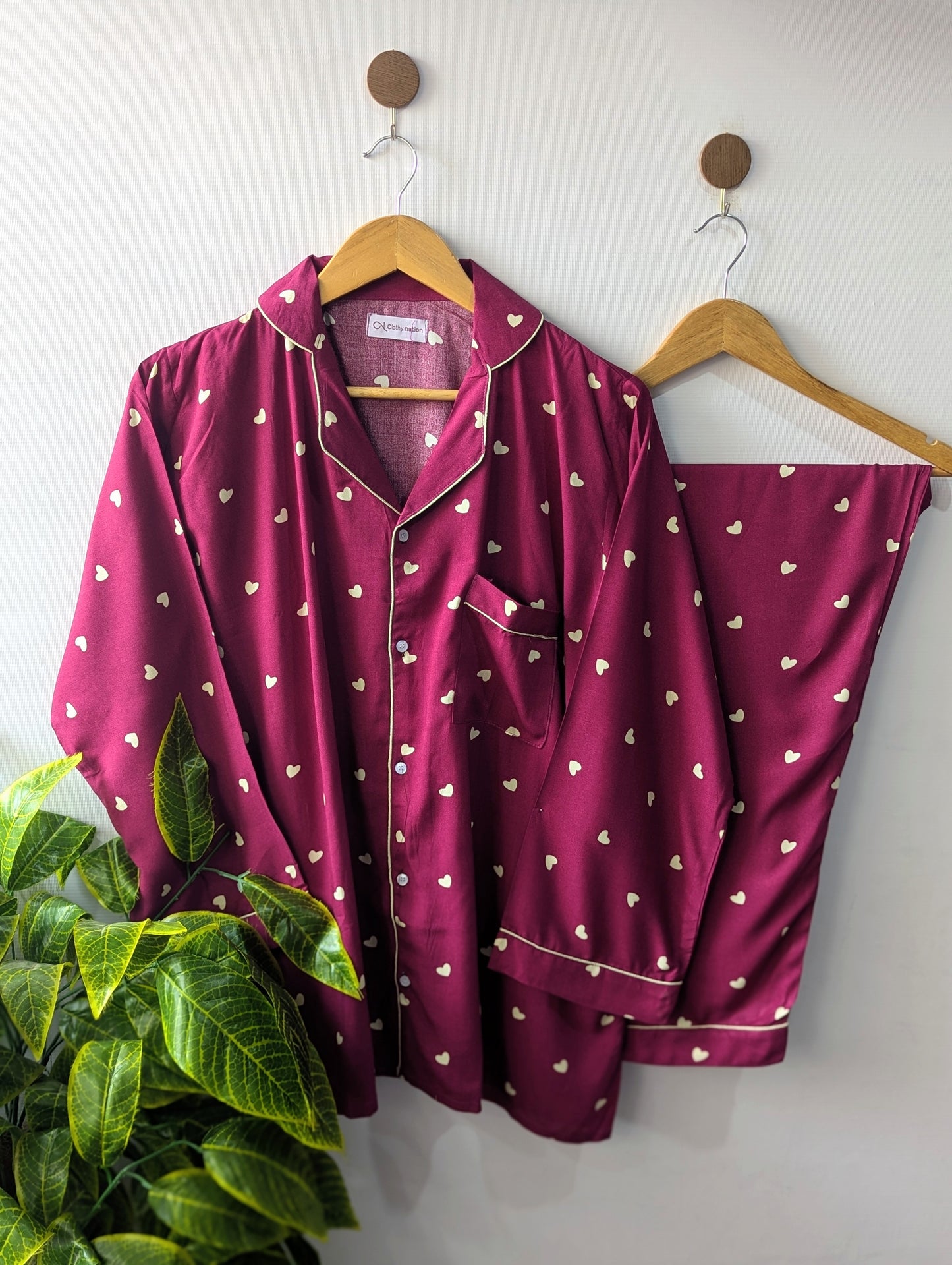 Burgundy Hearts Linen PJ Set