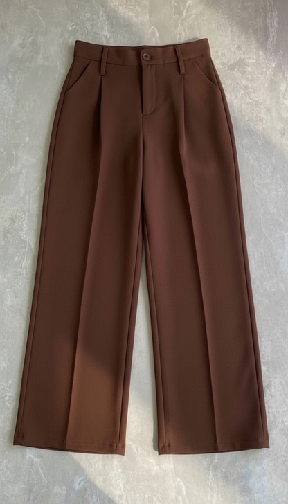 Wide Leg Pleated Korean Pants - Brown