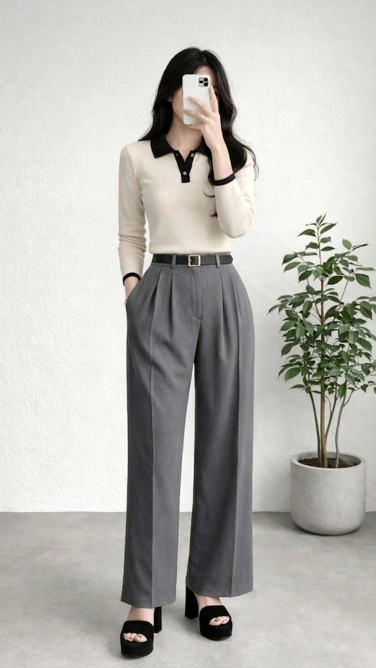 Wide Leg Pleated Korean Pants - Grey