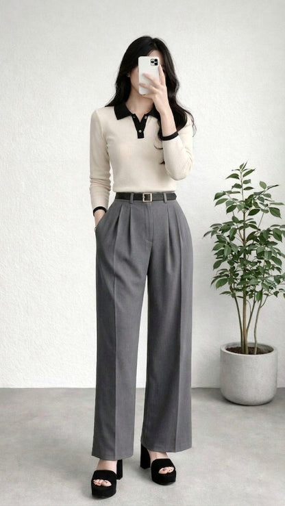 Wide Leg Pleated Korean Pants - Grey