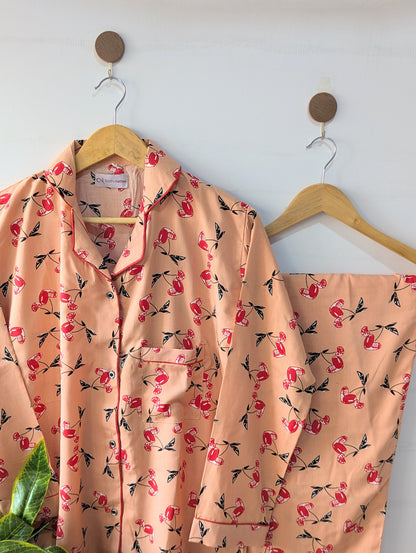 Beige Cherry Linen PJ Set