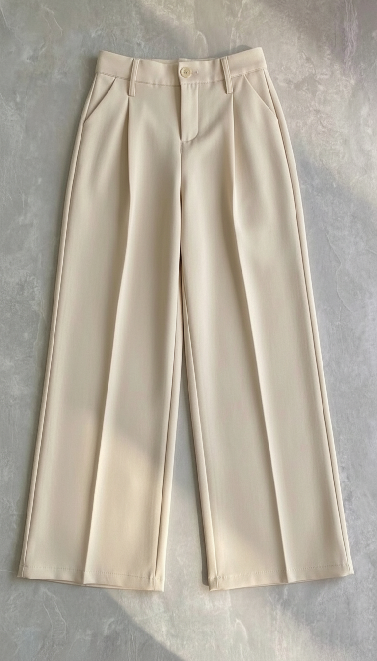 Wide Leg Pleated Korean Pants - Cream