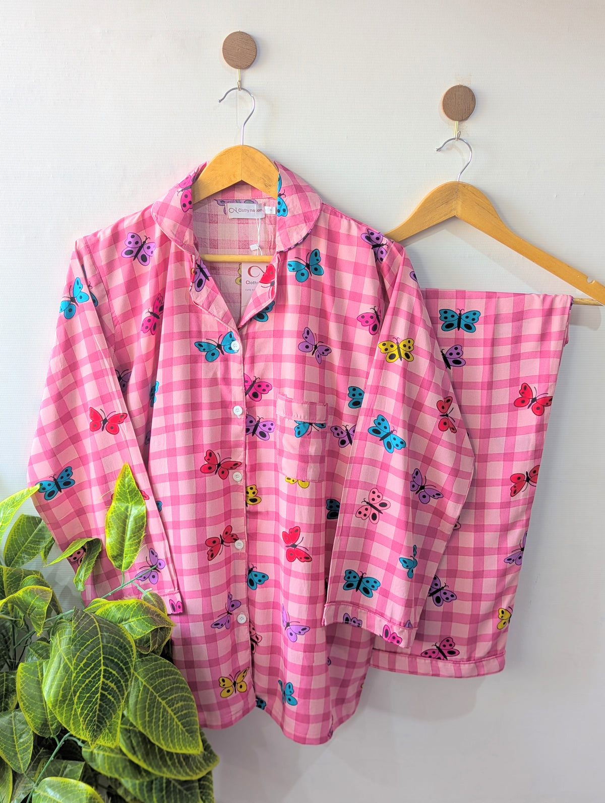 Pink Check Butterflies Linen PJ Set