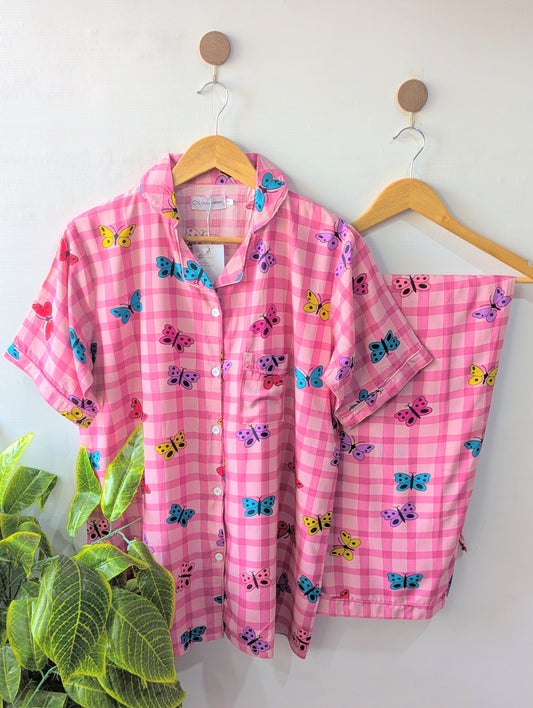 Pink Butterflies Linen PJ Set - Half Sleeves