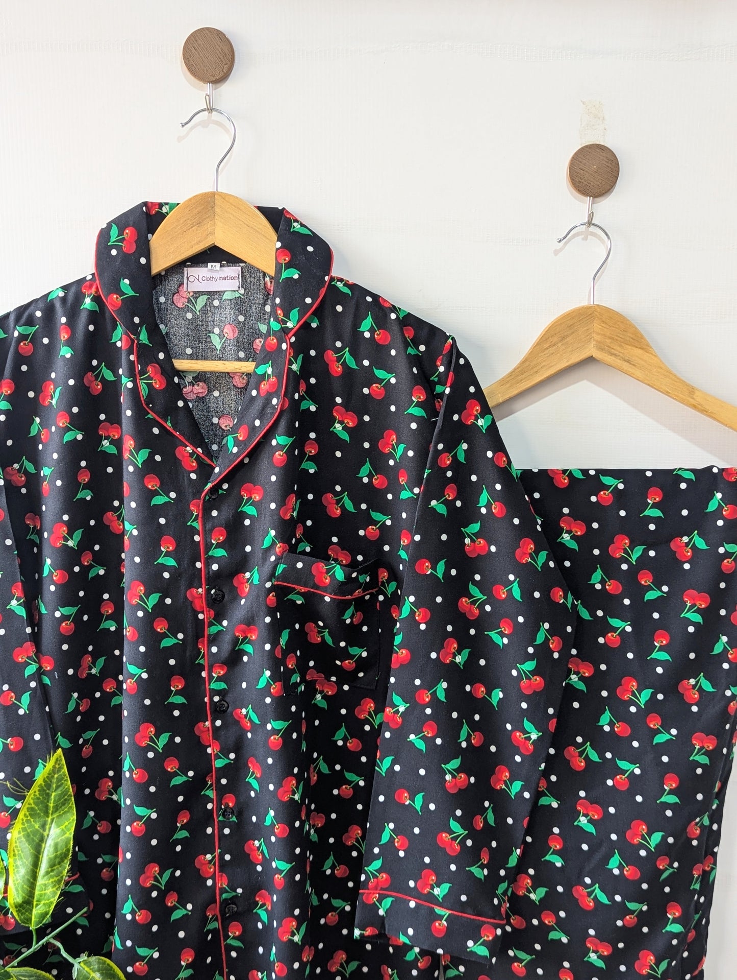 Black Dotted Cherry Linen PJ Set