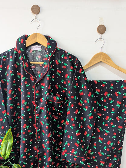 Black Dotted Cherry Linen PJ Set