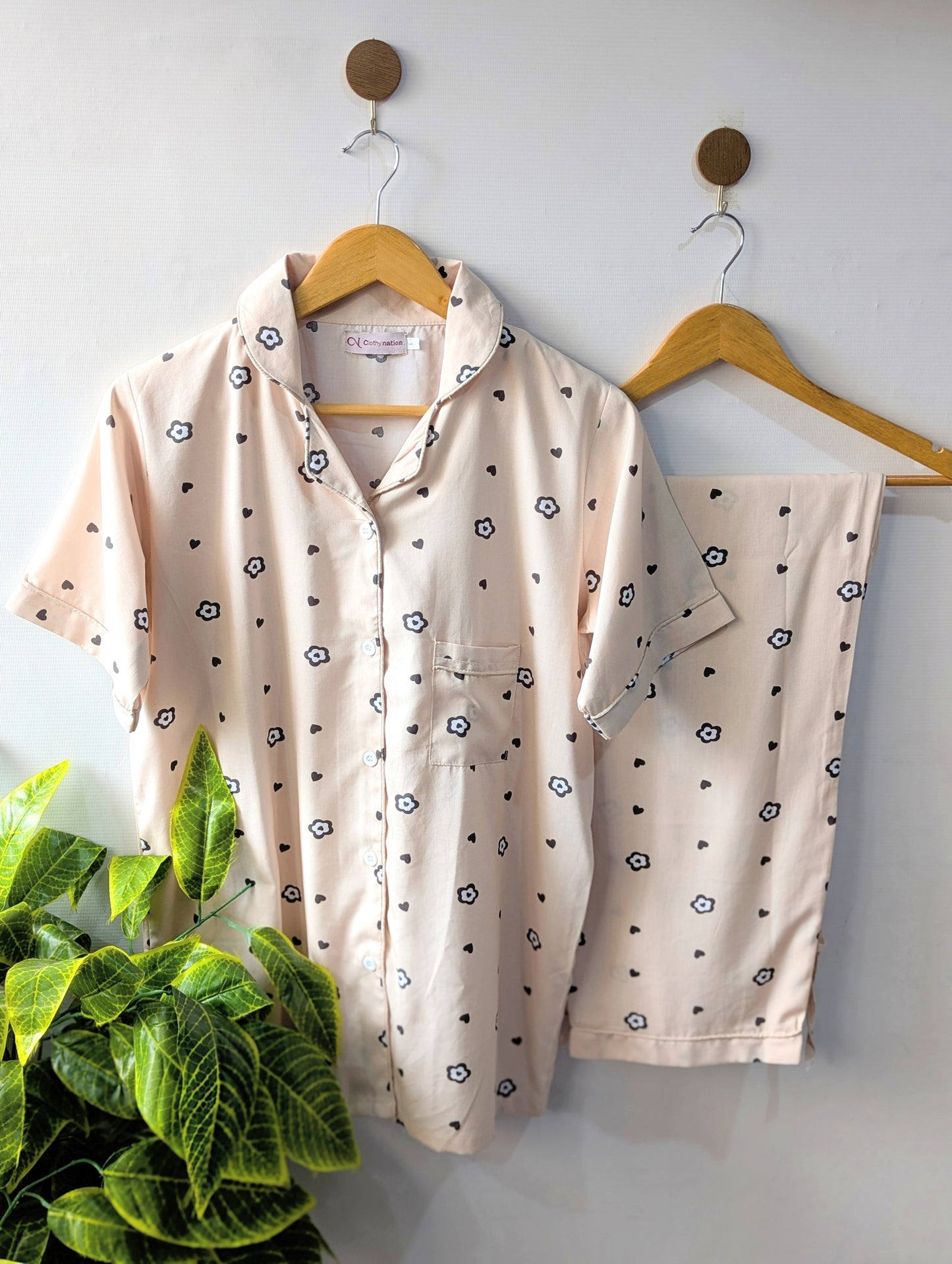Beige Hearts Linen PJ Set - Half Sleeves