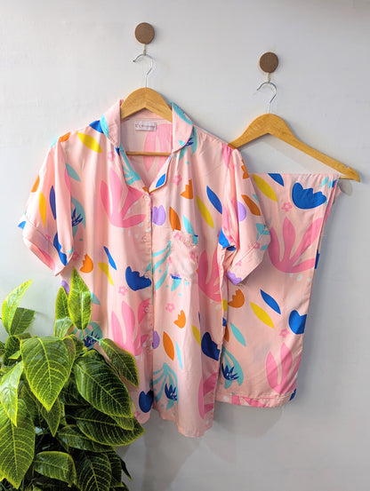 Pink Petals Linen PJ Set - Half Sleeves