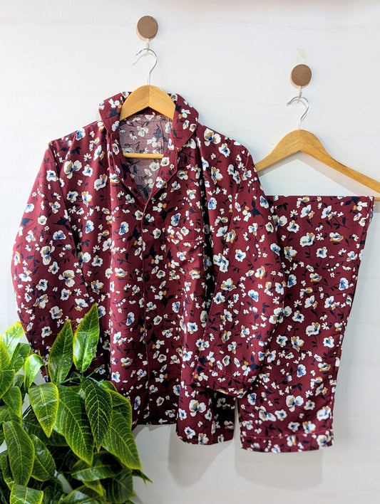 Maroon Petals Linen PJ Set