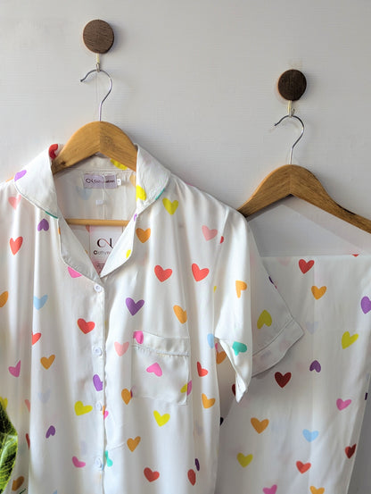 Cute White Hearts Linen PJ Set - Half Sleeves