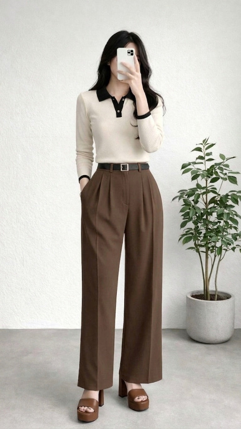 Wide Leg Pleated Korean Pants - Brown