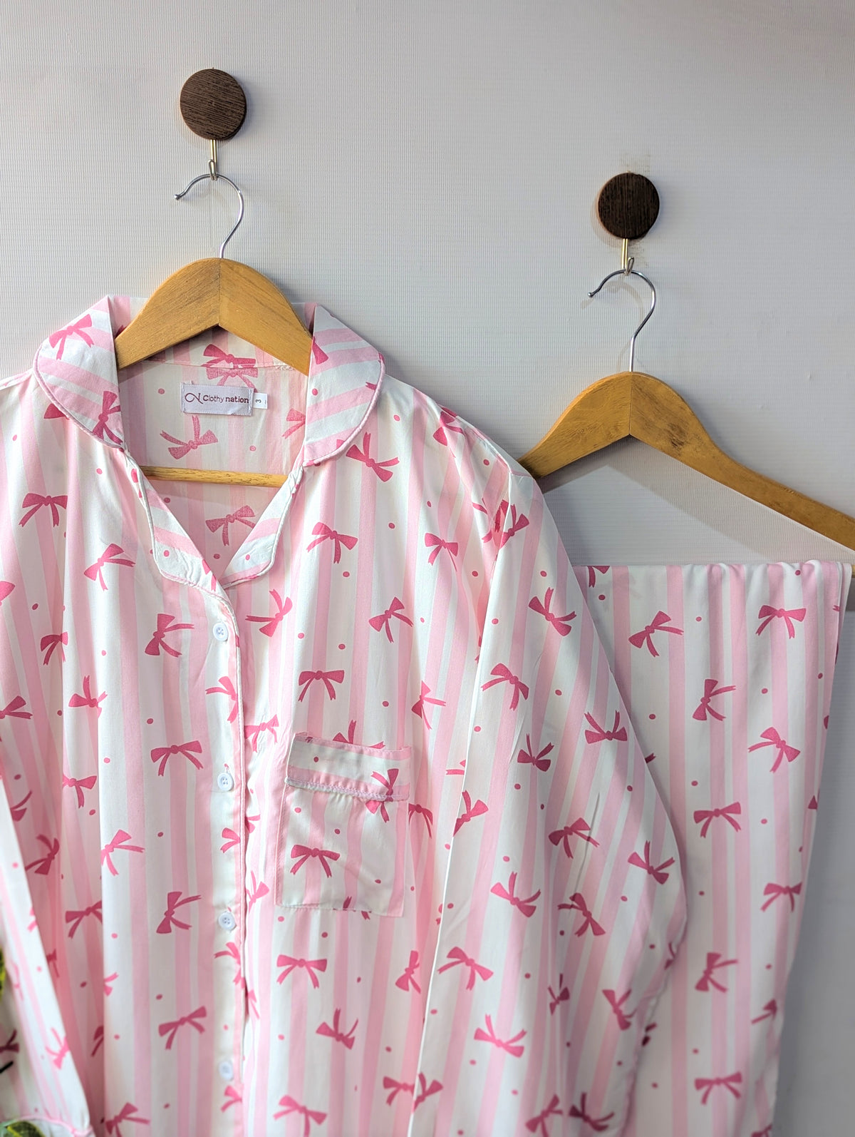 Pink Bow Stripes Linen PJ Set
