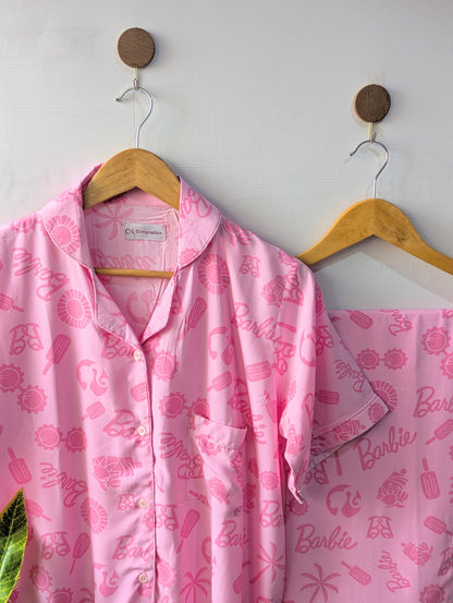 Cute Pink Linen PJ Set - Half Sleeves