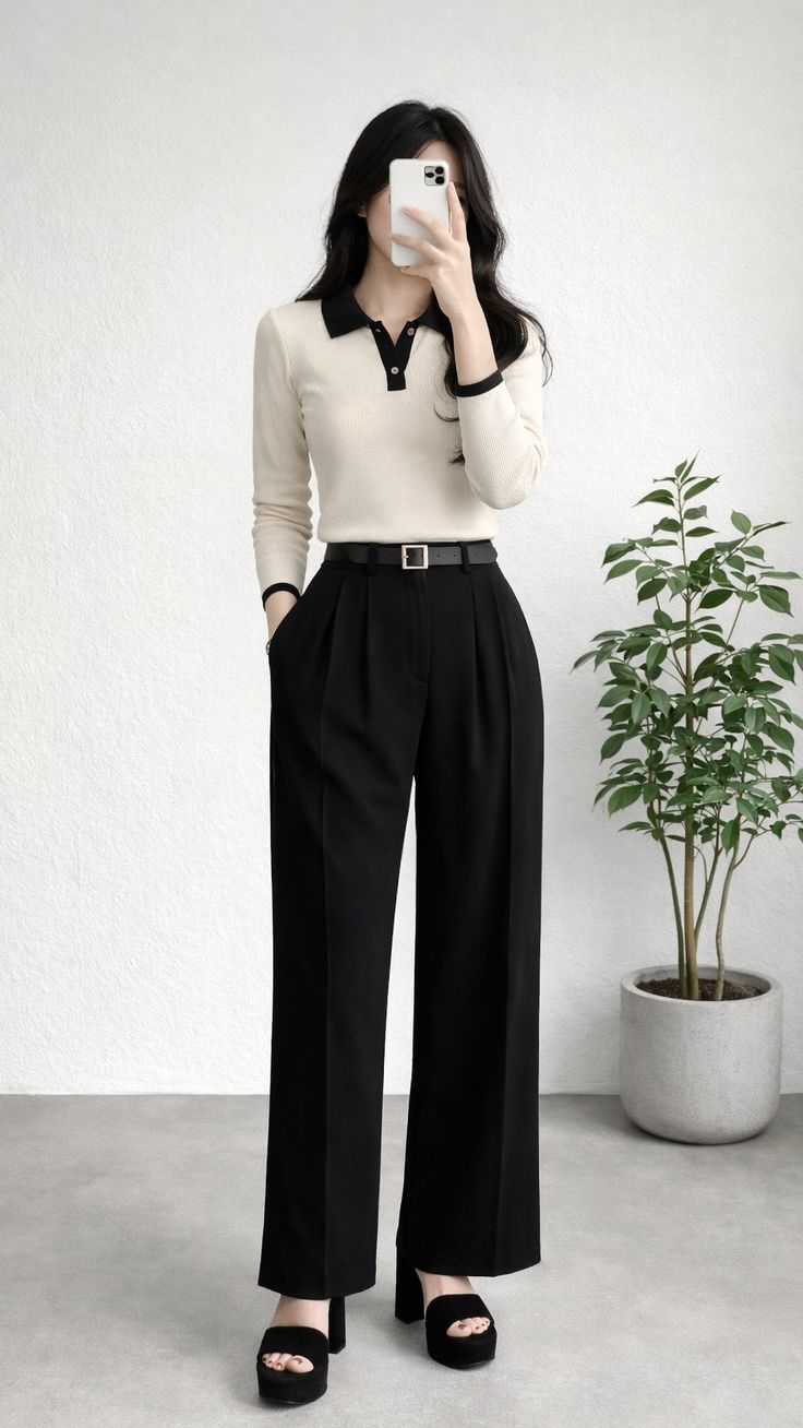 Wide Leg Pleated Korean Pants - Black