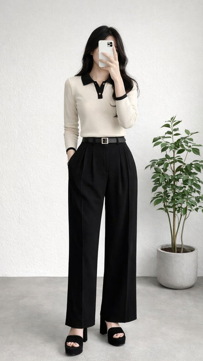 Wide Leg Pleated Korean Pants - Black