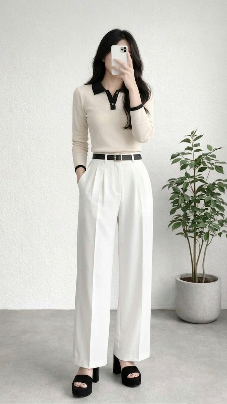 Wide Leg Pleated Korean Pants - White
