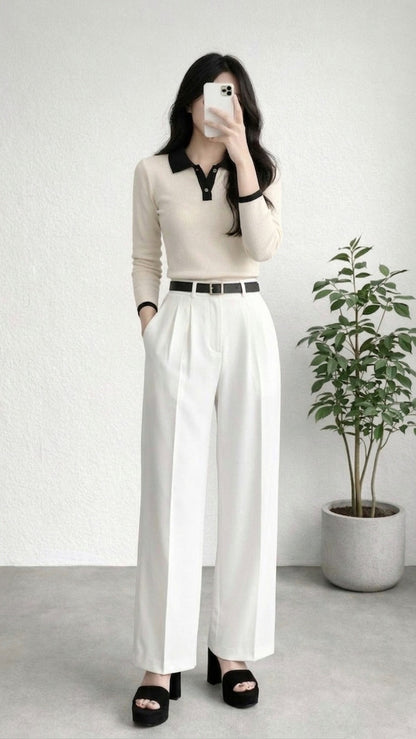 Wide Leg Pleated Korean Pants - White