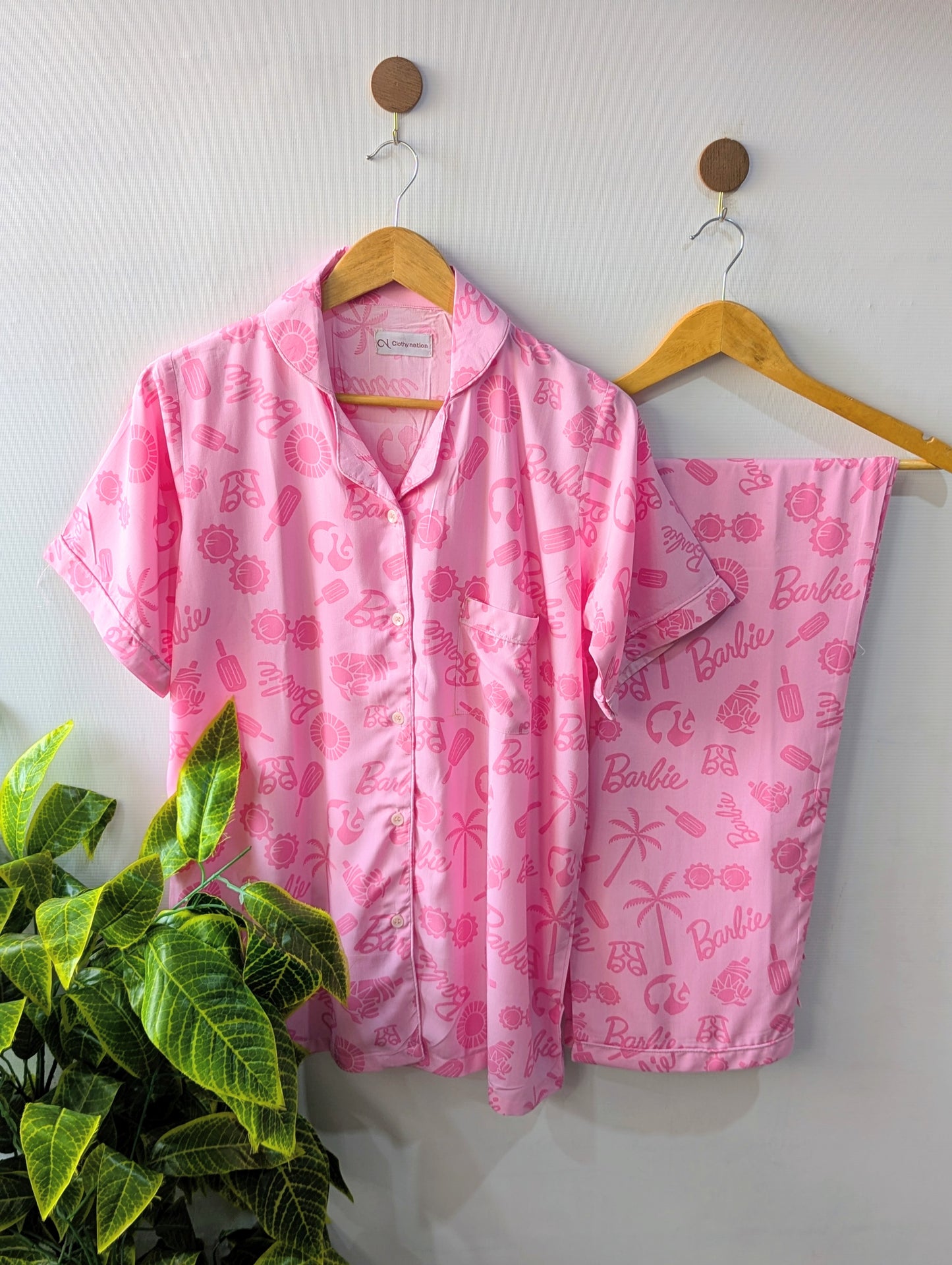 Cute Pink Linen PJ Set - Half Sleeves