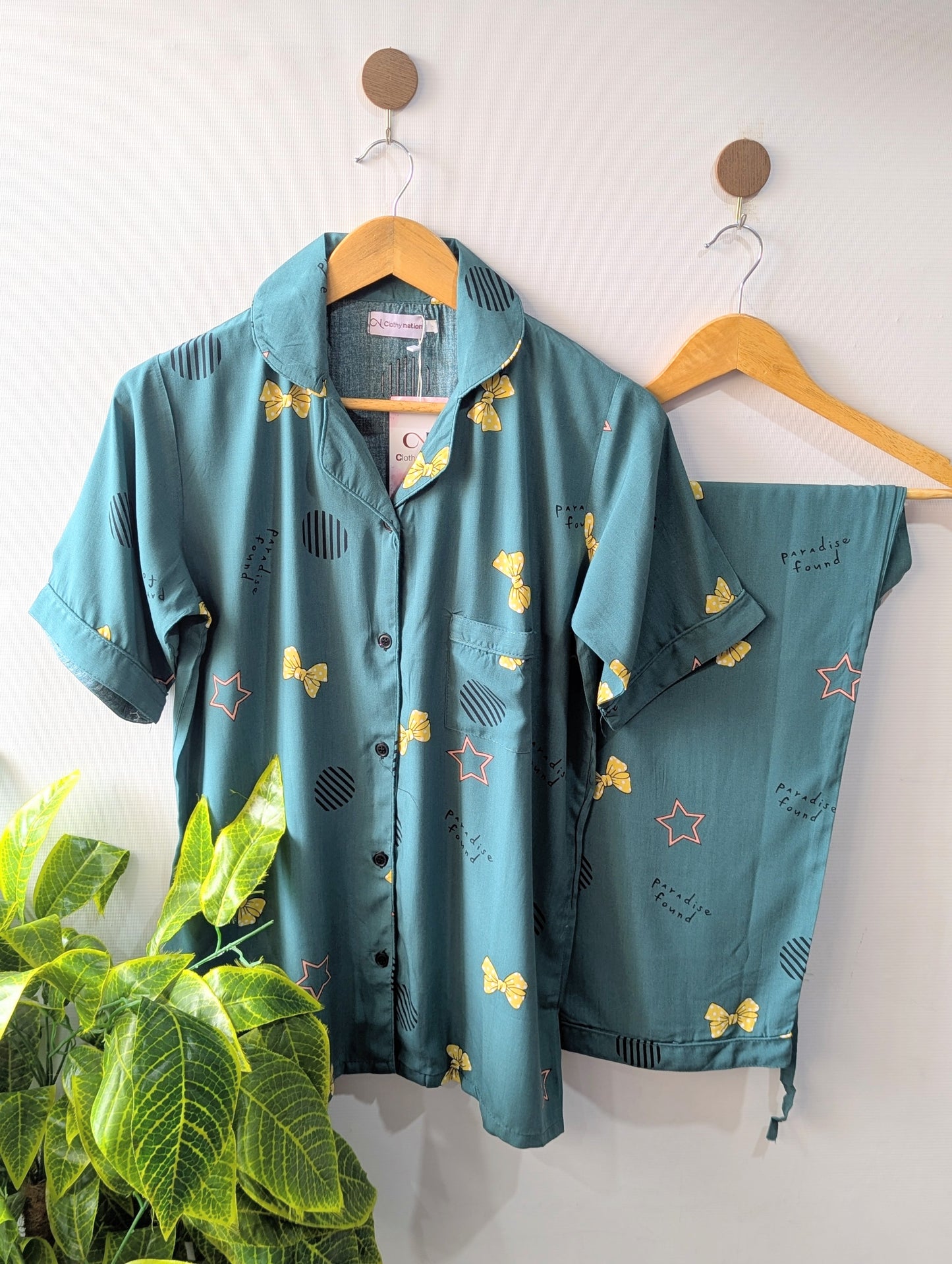 Green Bows Linen PJ Set - Half Sleeves