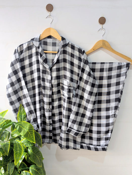 White & Grey Checks Linen PJ Set