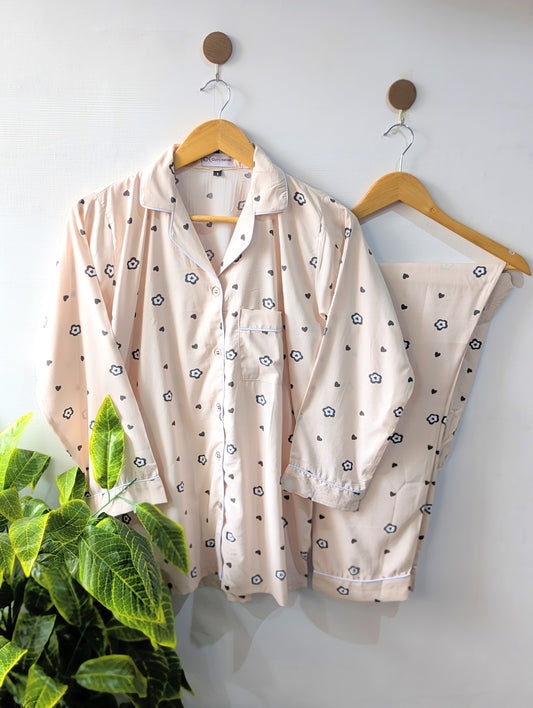 Beige Heart & Floral Linen PJ Set