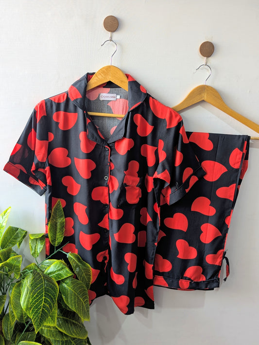 Black & Res Hearts Linen PJ Set - Half Sleeves