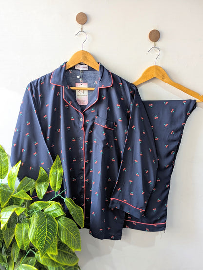Navy Cherries Linen PJ Set