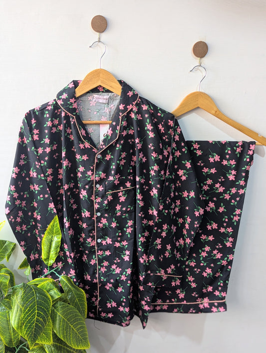 Black Pinkish Petals Linen PJ Set