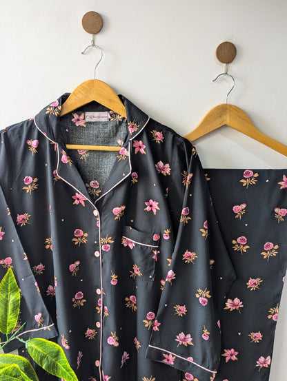 Black & Pink Floral Linen PJ Set