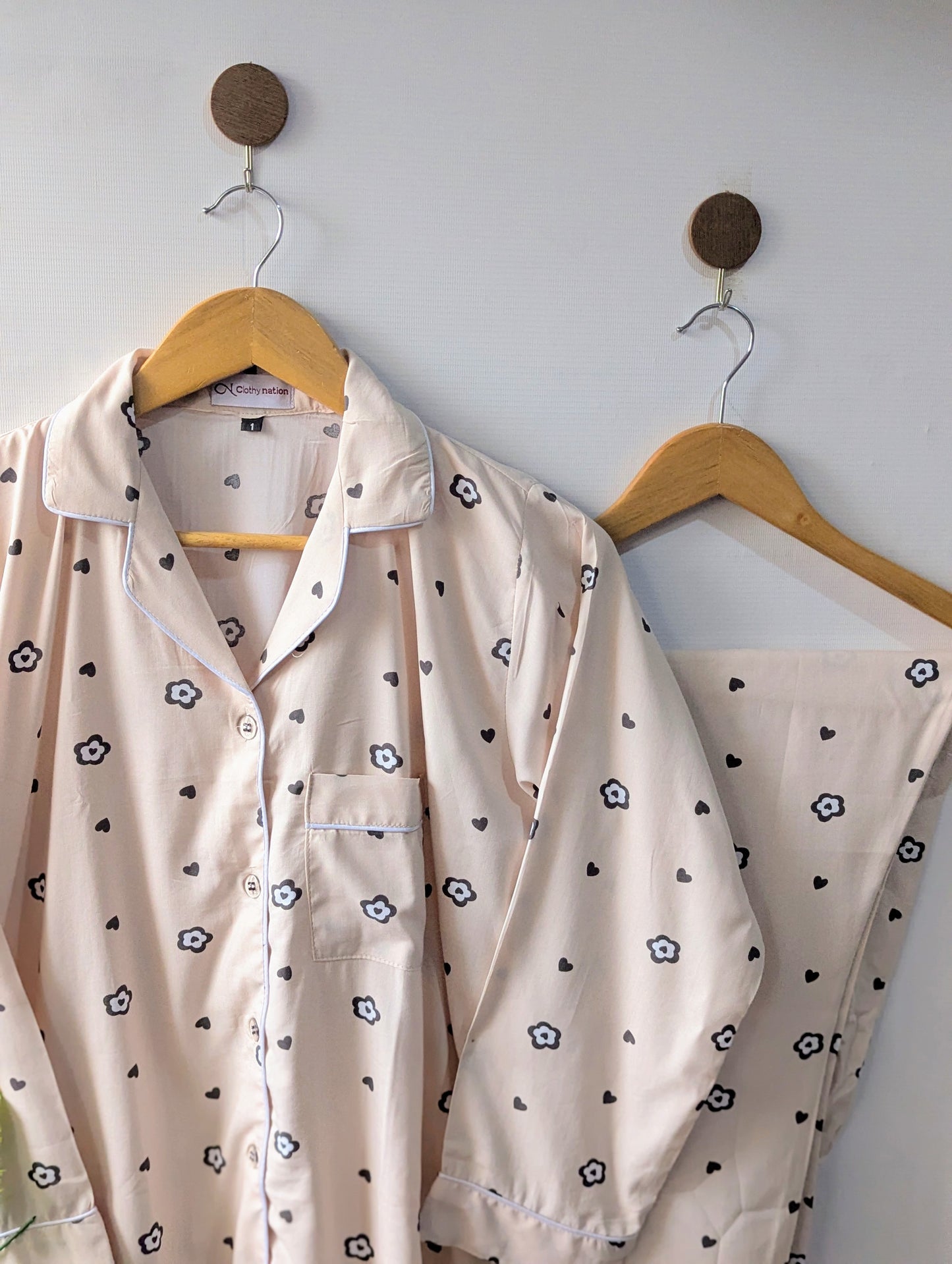Beige Heart & Floral Linen PJ Set