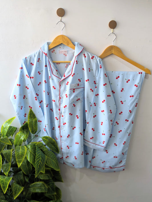 Sky Blue Cherry Linen PJ Set