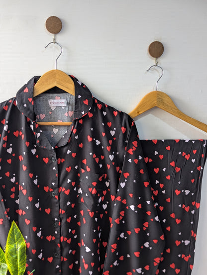 Black Little Hearts Linen PJ Set