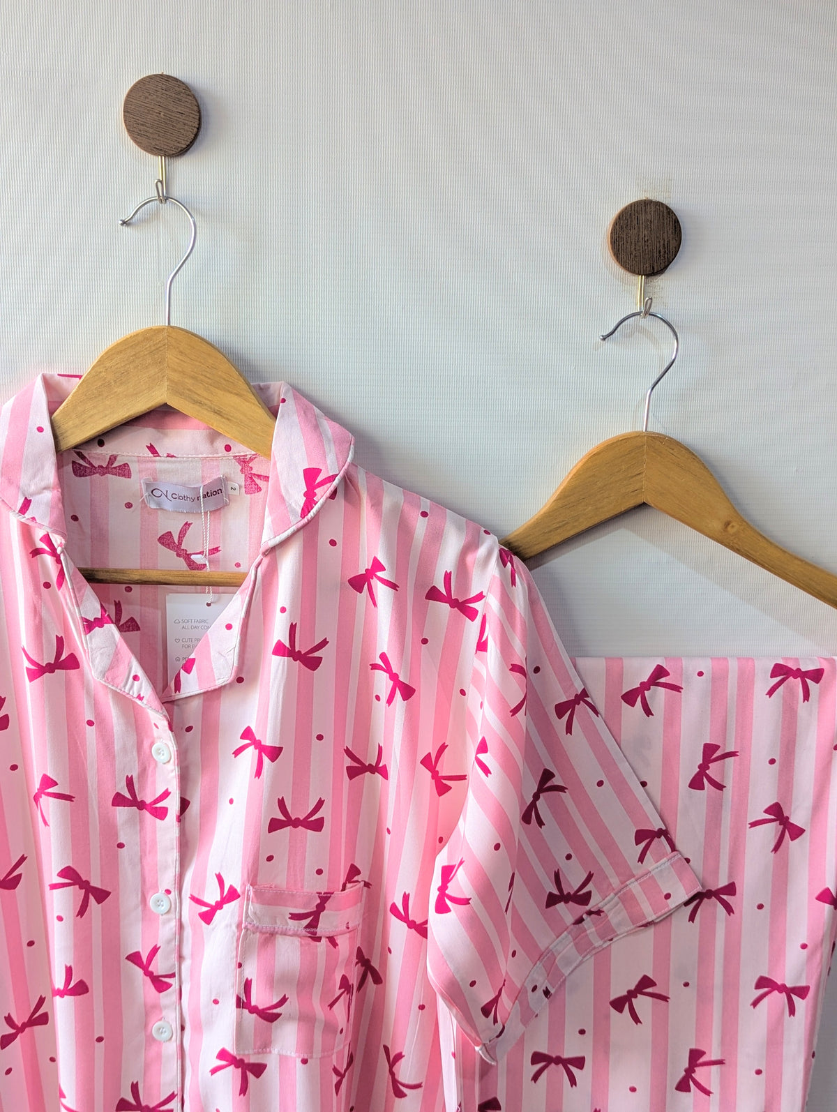 Pink Bow Stripes Linen PJ Set - Half Sleeves