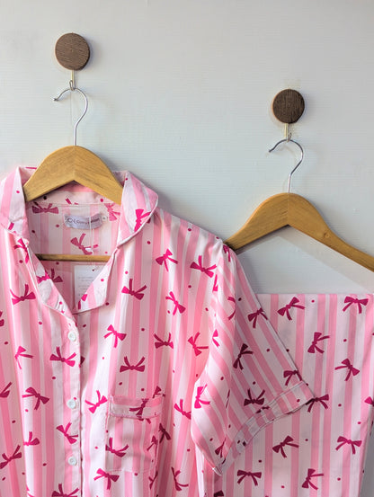 Pink Bow Stripes Linen PJ Set - Half Sleeves