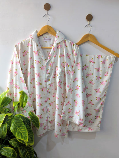 White & Pink Petals Linen PJ Set