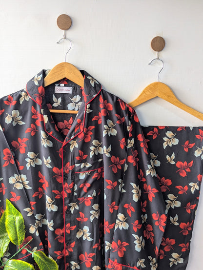 Red & Black Leafs Linen PJ Set
