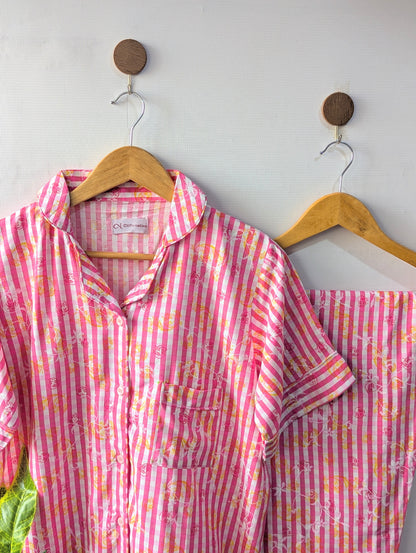 Pink Little Checks Linen PJ Set - Half Sleeves