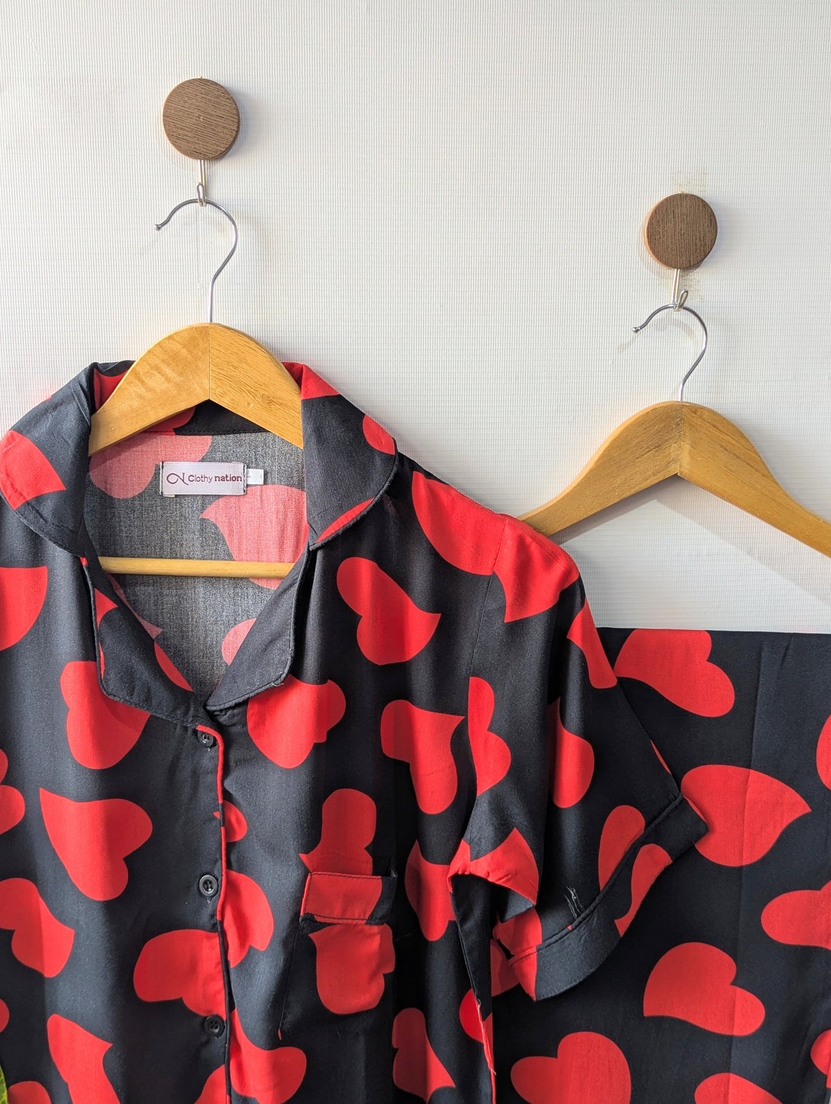 Black & Res Hearts Linen PJ Set - Half Sleeves