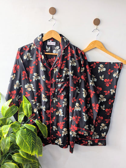 Red & Black Leafs Linen PJ Set
