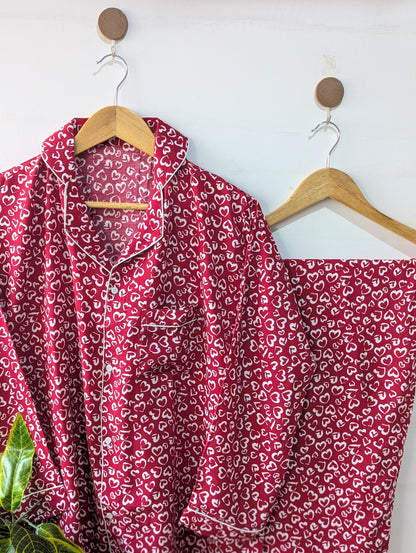 Dark Red Hearts Linen PJ Set