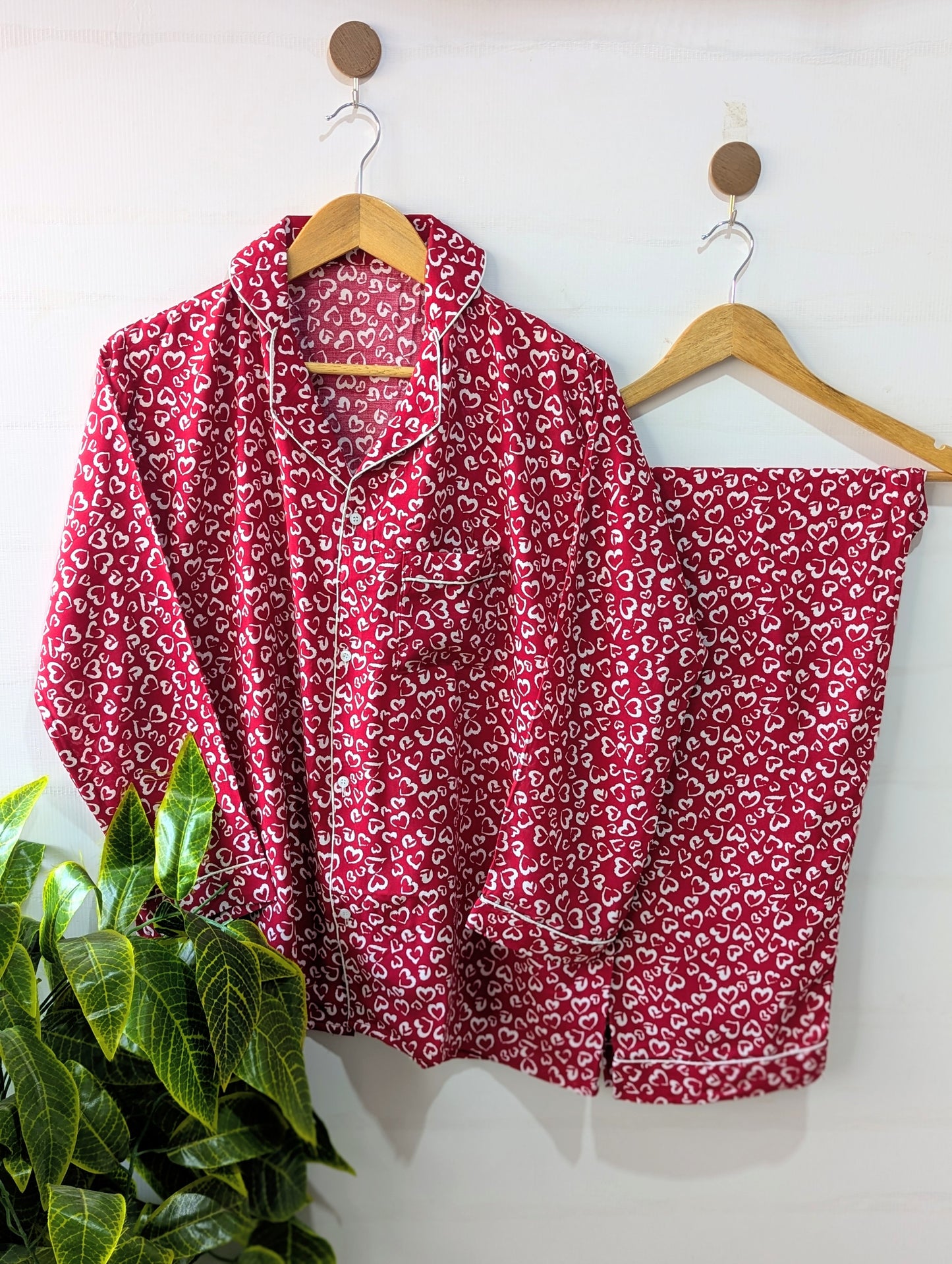 Dark Red Hearts Linen PJ Set