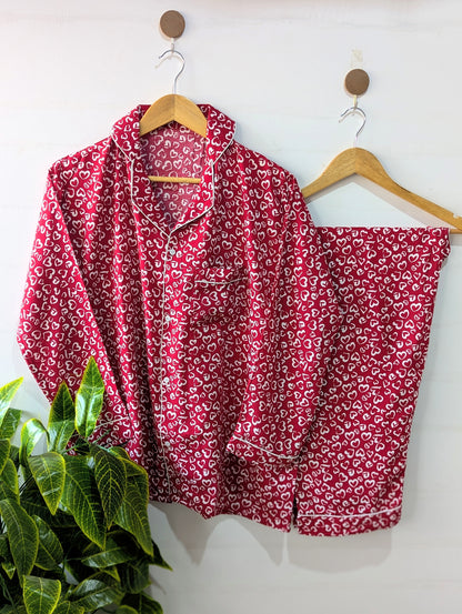 Dark Red Hearts Linen PJ Set