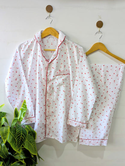White & Red Hearts Linen PJ Set