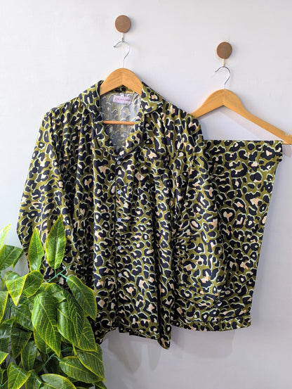 Green Leopard Linen PJ Set