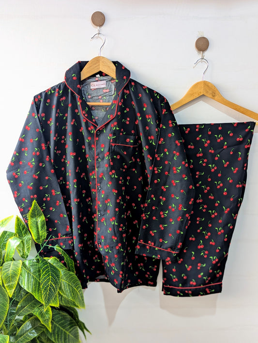 Black Red Cherry Linen PJ Set