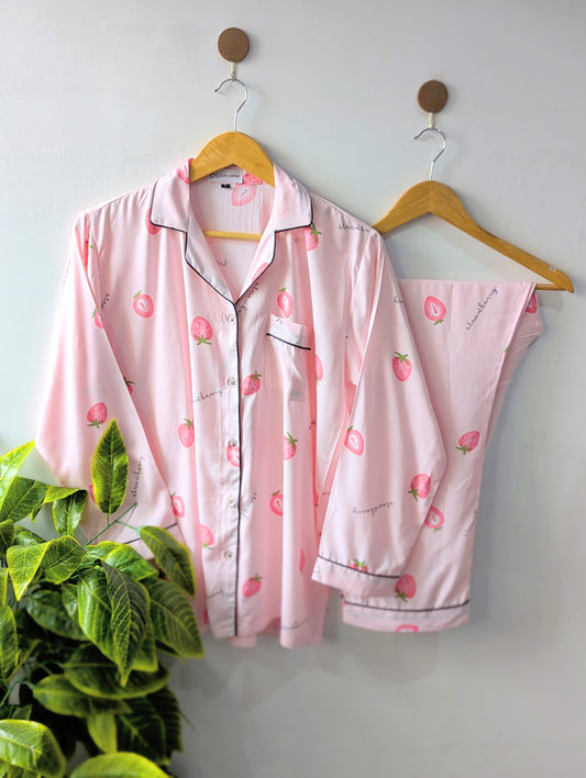 Pink Strawberries Linen PJ Set