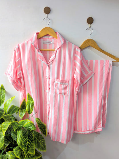 Pink Lining Linen PJ Set - Half Sleeves