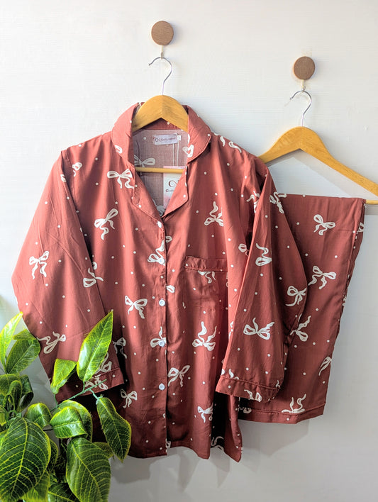Brownish Bows Linen PJ Set