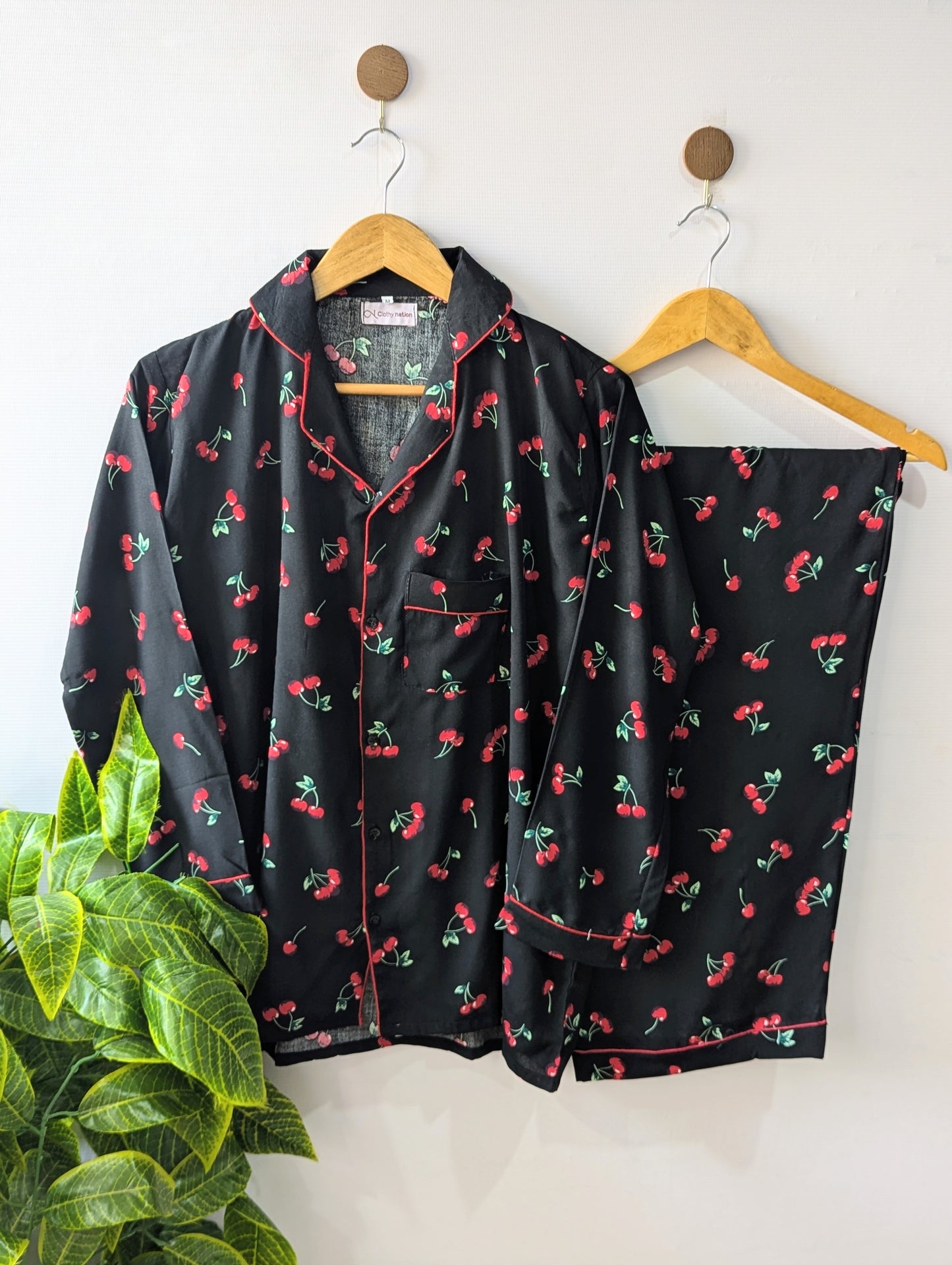 Black Red Cherry Linen PJ Set