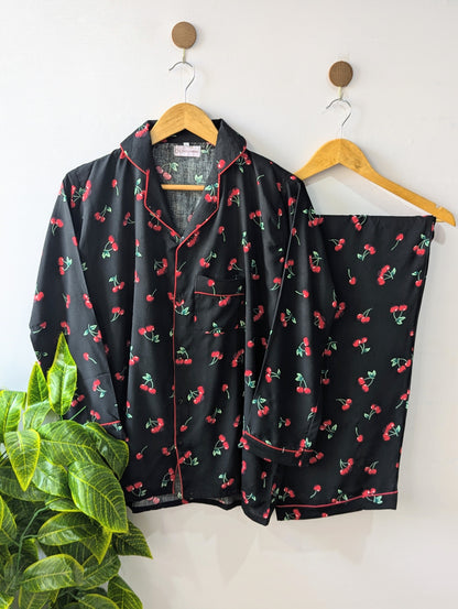 Black Red Cherry Linen PJ Set